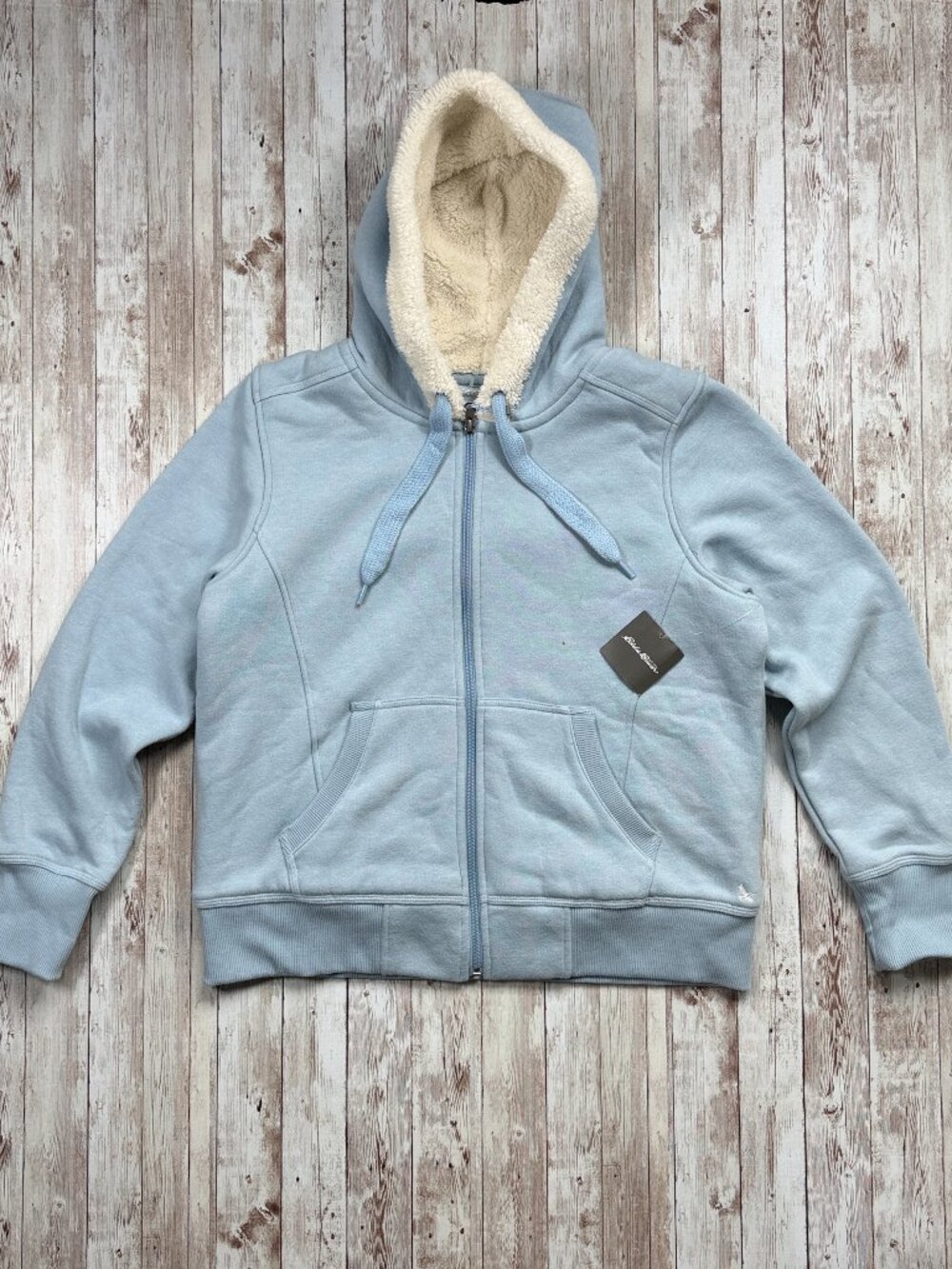 Eddie Bauer Hoodie sz Large Women's Cabin Fleece Long Sleeve Sherpa SLT Blue Zip